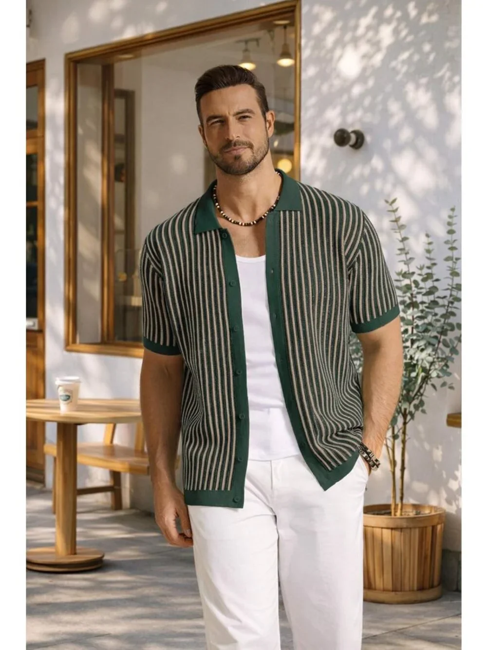 Vintage Striped Short Sleeve Knit Polo Shirt for Men | Casual Button Down Top